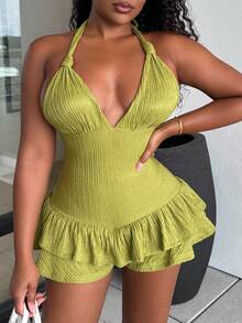 Alexandranx Solid Color Halter Backless Ruffle Hem Sleeveless Bodycon Jumpsuit - Green - View 3