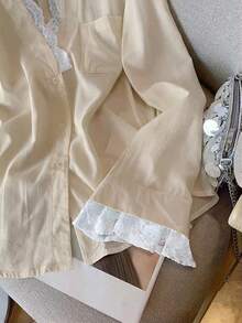 INAWLY قميص كاجوال فضفاض مزين بالدانتيل بأكمام طويلة للنساء، صيفي