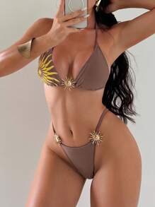 Swim SXY 3pcs Women Solid Color Bikini Set With High-End Metal Sun Decoration, Tie-String And Ruched Mini Skirt, Sexy Beach Vacation Style For Summer - Khaki - View 7