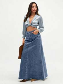 SHEIN Tall Women's High Waist Pockets Frayed Hem Extra Long Casual Denim Midi Skirt - Teal Blue - View 6