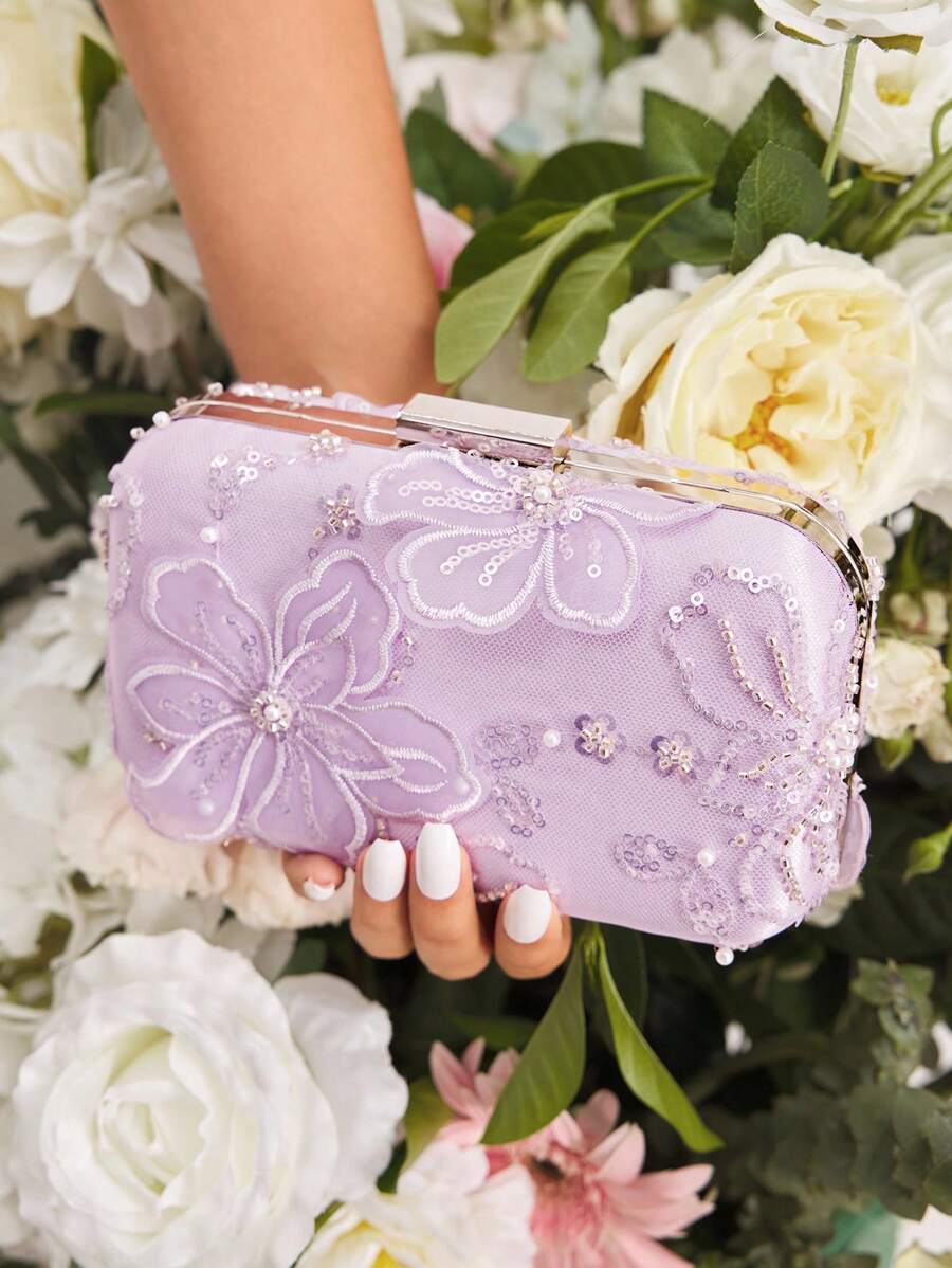 SHEIN Belle 女士、女士晚宴包、手包、花卉手包、时尚、奢华、奢华、迷人、优雅、花朵、蕾丝、亮片花朵、适合女孩、女士、女士、大学生、新娘、伴娘、婚礼宾客、蜜月、派对、舞会、婚礼、俱乐部、约会、晚会、约会之夜（随机正面和背面花朵设计/随机图案） - 淡紫色 - 查看 1