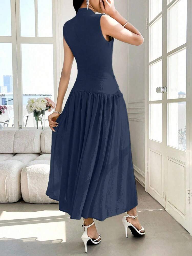 Modelyn 女士 Design Sense 立领无袖荷叶边中长连衣裙 - 藏蓝色 - 查看 2