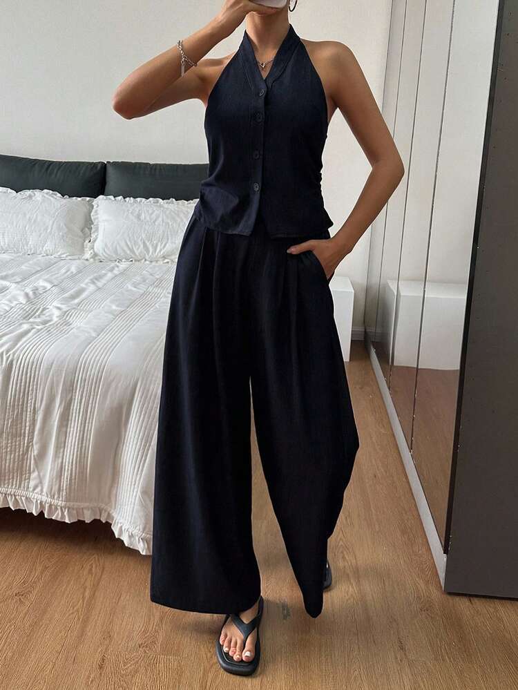 Casual Solid Color Halter Top And Wide Leg Pants 2pcs Set For Women