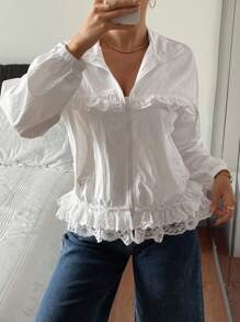 DAZY Women Ruffled Lace Patchwork Long Sleeve Jacket - White - View 3