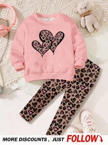 2pcs Girl Casual Crew Neck Long Sleeve Sweatshirt And Leggings Set, Suitable For Autumn And Winter - Multicolor - View 1