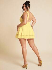 SHEIN BAE Plus Size Women's Spring And Fall Base Solid White Sleeveless Tight Pleated Slim Elegant Mini Double Layer Ruffle Women's Jumpsuit Women's Dress, Valentine's Day Jumpsuit, Daily Jumpsuit, Elegant Jumpsuit/ Plus Size Yellow Dress/ Yellow Dress Curve/ Lemon Dress Plus Size,Wedding Guest Dress Women