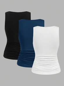 SHEIN LUNE 3件套女士修身纯色方领背心，休闲百搭，适合夏季穿着 - 彩色 - 查看 11