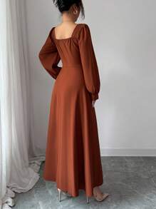 Elenzga 女士秋季优雅方领泡泡袖收腰长裙，适合日常通勤 - 棕色 - 查看 4
