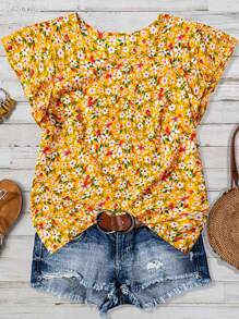 EMERY ROSE Women's Ditsy Floral Regular Fit Vacation Daily Casual Office Commute Ruffle Sleeve Shirt - Multicolor - View 1