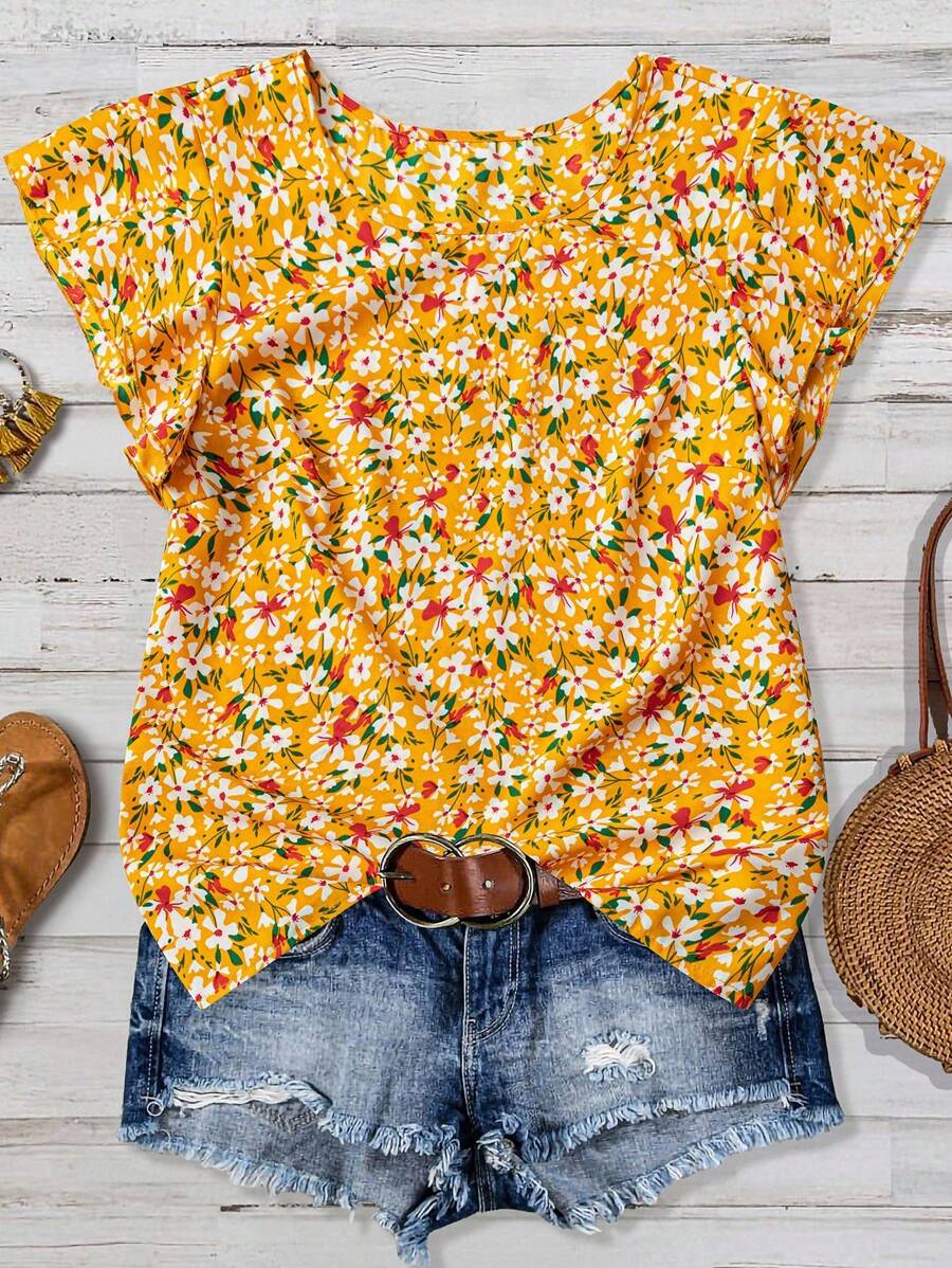 EMERY ROSE Women's Ditsy Floral Regular Fit Vacation Daily Casual Office Commute Ruffle Sleeve Shirt - Multicolor - View 1