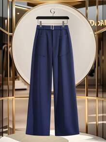 GlowEve 优雅女士口袋装饰腰部喇叭裤 - 藏蓝色 - 查看 3