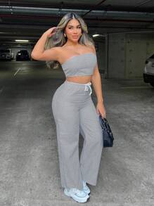 Zolique Set de 2 piezas top tubo a rayas y pantalón largo para mujer - Gris - Ver 5