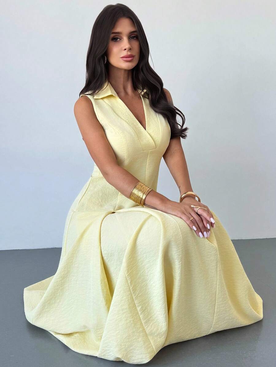 Firerie 女士优雅休闲日常通勤海滩度假 V 领收腰 A 字形伞裙，黄色无袖连衣裙