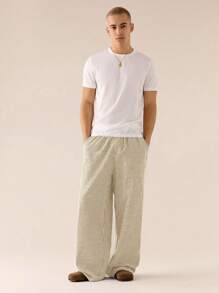 Manfinity VCAY Pantalones rectos de hombre con cintura con cordón, estampado de rayas y parches, de uso diario, corte holgado, para otoño - Mostaza Amarilla - Ver 3