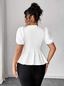 Elenzga Blusa de mujer talla grande casual, elegante, sexy y romántica de unicolor con mangas de obispo cortas y cuello drapeado - Blanco - Ver 2
