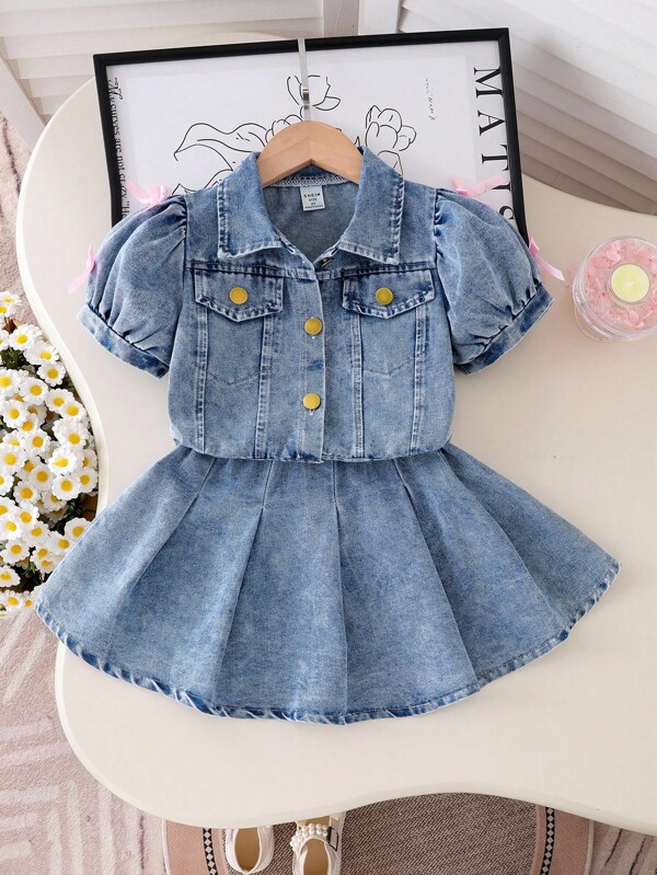 Girls (Small) Summer Sweet Denim Casual Shacket + Denim Pleated Mini Skirt Outfit, Fashionable & Chic Matching Set