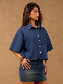 SHEIN Forever 21 Women's Solid Color Short Sleeve Denim Blouse, Fashionable For Summer - Blue - View 5