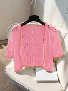 Chiquease Women Contrast Trim Hollow-Out Knit Lightweight Cardigan - Pink - View 1