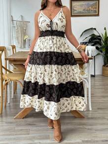 SHEIN Clasi Plus Size Women Vacation Black & White Color Block V-Neck Sleeveless Dress - Multicolor - View 3