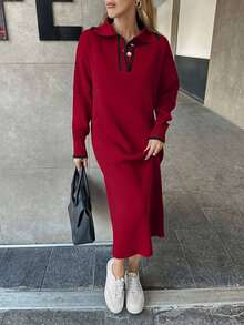 EURMUSE Abito in maglia con collo alla polo da donna - Rosso - Visualizzare 4