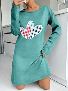 SHEIN Cotton Heart Printed Long Sleeves Casual Sleep Dress