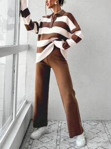EURMUSE Women's Polo Collar Stripe Sweater And Pants Two Piece Set - Chocolate Brown - View 4