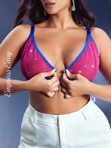 Empress Envy Plus Size Women Shiny Low Cut Bra & Wireless Bra Push Up Bra Glitter Bra Pink Bra