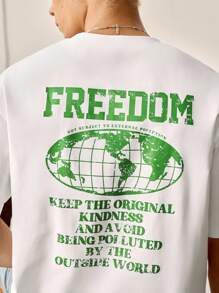 SWAVVY 休闲日常男士T恤 FREEDOM 地球元素图案印花宽松圆领短袖T恤 - 白色 - 查看 1
