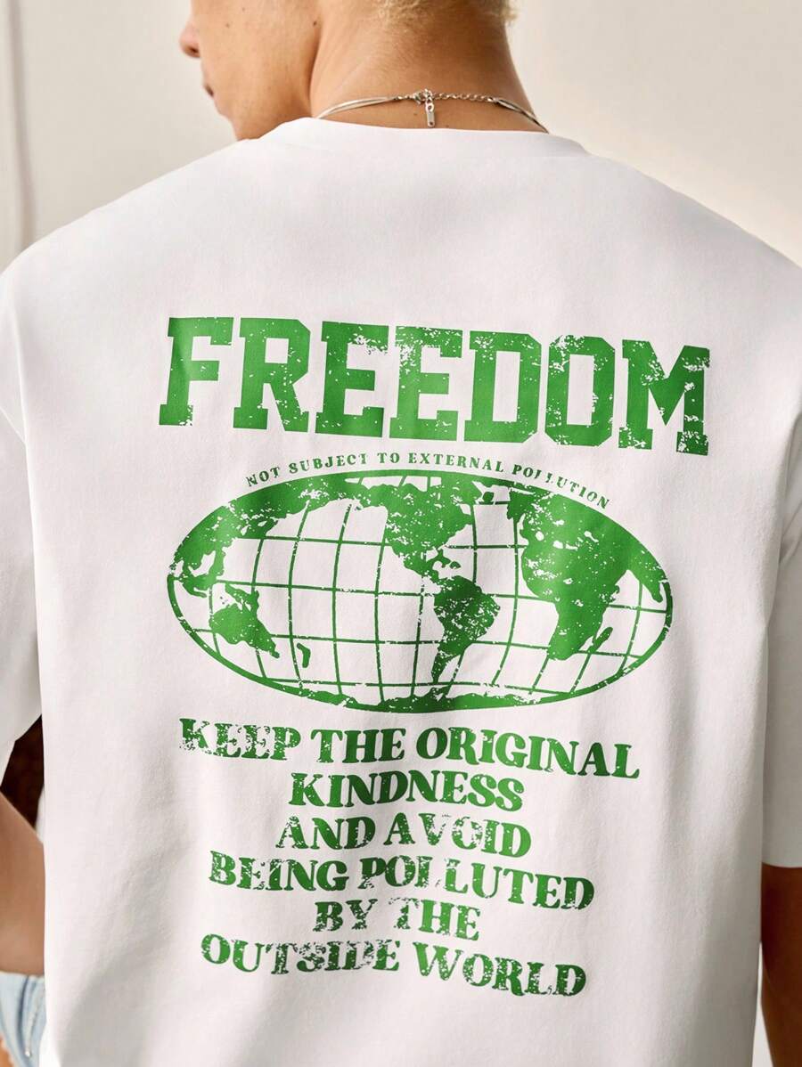 SWAVVY 休闲日常男士T恤 FREEDOM 地球元素图案印花宽松圆领短袖T恤 - 白色 - 查看 1