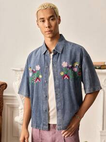 SWAVVY Men's Casual Denim Shirt With Embroidery And Button Closure - Blue - View 4