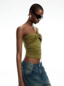 LYSMO Áo crop top nhún bèo màu trơn thời trang mùa hè dành cho nữ - Màu xanh Ô liu - Xem 4