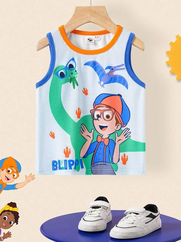 Blippi X SHEIN Top de tirantes informal con diseño de dinosaurio verde de dibujos animados y ribete de color contrastante para niños pequeños en verano