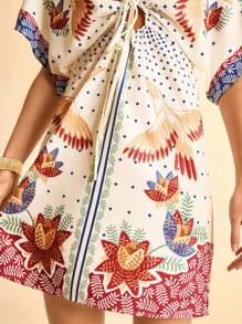 CAJUNI Đầm ngắn đi nghỉ Boho họa tiết hoa nhiệt đới, cây cối và chim cổ chữ V có thể điều chỉnh eo thắt chặt dành cho nữ - Nhiều màu - Xem 6