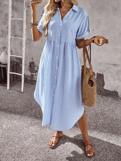 EMERY ROSE Women's Striped Short Sleeve Button-Up Casual Shirt Dress, Summer Dresses For Women Blue And White Striped Dress
