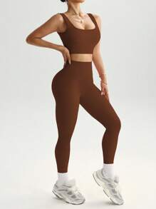 SHEIN Sports Seamless Ribbed Knit Sports Set Workout Women Set Gym Women Outfit - Coffee Brown - View 7