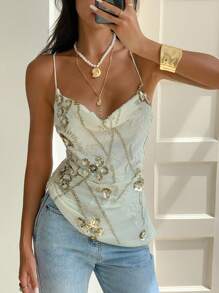 Serisse 返校必备单品！Y2K 杏色亮片拼接垂坠性感夏季吊带背心 - 约会、下午茶、日常、通勤、郊游的完美之选！2025 新品，夏秋两季理想之选，网红之选