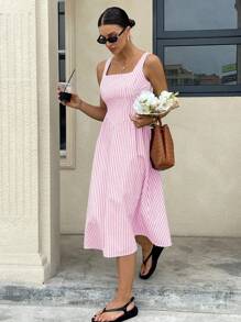 Siren Gaze Women Stripe Print Sleeveless Square Neck Mid-Length Dress For Summer Pink