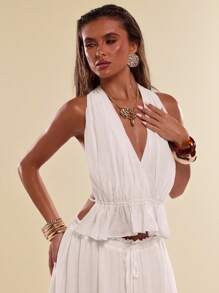 SHEIN BAE 夏季女士休闲度假白色缩水荷叶边下摆系带露背优雅上衣，外出上衣，白色上衣，度假，波西米亚风 - 白色 - 查看 3