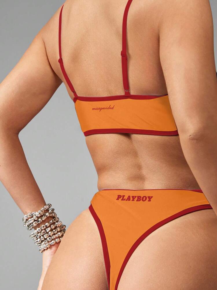 Missguided x Playboy High Cut Brazilian Thong Two Piece Bikini Set With Contrast Binding