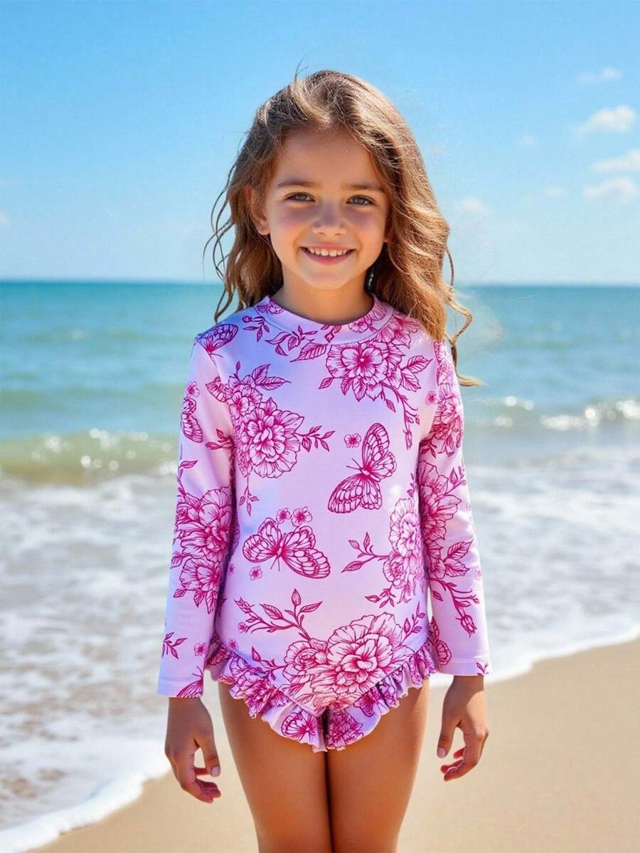 小女孩夏季海滩度假可爱蝴蝶结花卉数码印花3D蝴蝶结荷叶边拉链连体泳衣
