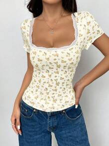 Flirla Women Contrast Lace Cute Bowknot Decor Short Sleeve Simple T-Shirt, Casual Daily Wear Graphic Tees Women Tops