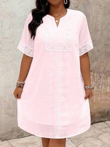 SHEIN LUNE 大码休闲简约蕾丝边装饰女式连衣裙 - 粉色 - 查看 3