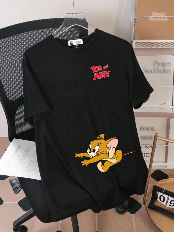 TOM & JERRY X SHEIN Women Casual Loose Fit Mouse Print Round Neck Short Sleeve T-Shirt, Suitable For Summer