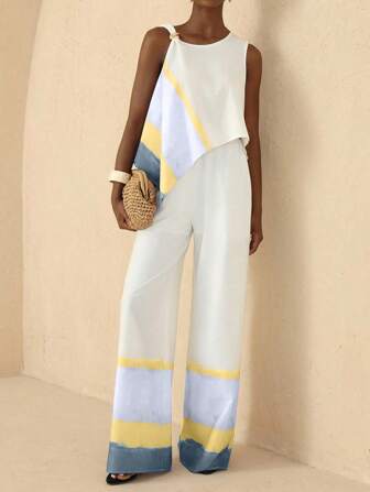 Vesra 女士金属装饰不对称下摆无袖上衣和裤子时尚套装