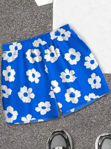 SHEIN Ensemble haut à manches courtes et short imprimé floral bleu et blanc pour adolescents garçons, style décontracté de vacances, confortable et polyvalent, convient pour l'école, les voyages, les sports, la plage