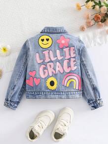 Young Girl Y2K Casual Street Chic Cartoon & Letter Print Distressed Denim Jacket, Suitable For Spring/Autumn ,Street Cool Style - Light Wash - View 4