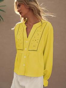 Lumivelle Women's Vacation Casual Solid Color Hollow Out Embroidery Blouse Casual Spring For University Fall For Women - Yellow - View 4