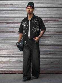 AXEPEAK Men's Fashion Street-Style Rhinestone Button Front Short Sleeve Denim Shirt, Summer - Black - View 5