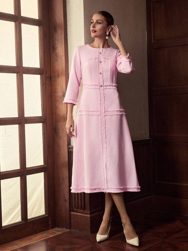 ZEYLAH Women's Fashion Pink Round Neck 3/4 Sleeve Fringe Button Design Elegant Dress