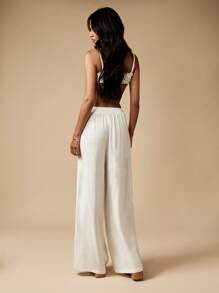 MISSGUIDED Quần ống rộng Palazzo Linen Look có họa tiết Broderie Anglaise ở bên hông, trang phục thường ngày cho kỳ nghỉ hè tại khu nghỉ dưỡng bãi biển - trắng - Xem 2